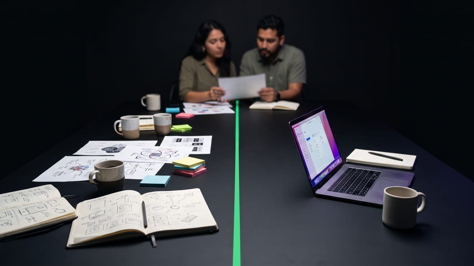 Mesa negra dividida por una franja verde neón: dos personas revisan un documento entre bocetos y post-its frente a un espacio despejado con una laptop y una libreta, el dilema agencia vs equipo in-house de marketing