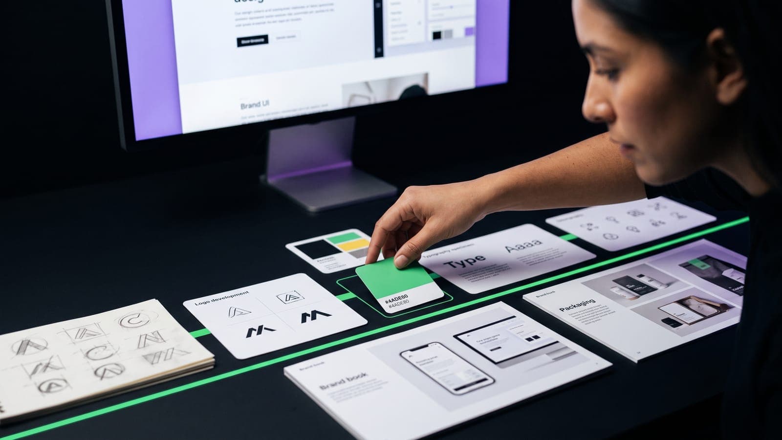 Diseñadora coloca una tarjeta verde en una secuencia de módulos conectados por una franja luminosa: bocetos de logo, paleta, tipografía y brand book, el branding modular por fases sobre un tablero