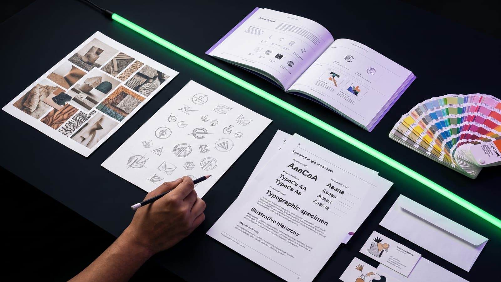 Vista cenital de una mesa negra cruzada por un tubo de neón verde con moodboard, bocetos de logotipo, especímenes tipográficos y manual de marca: las etapas que ordena un brief de diseño