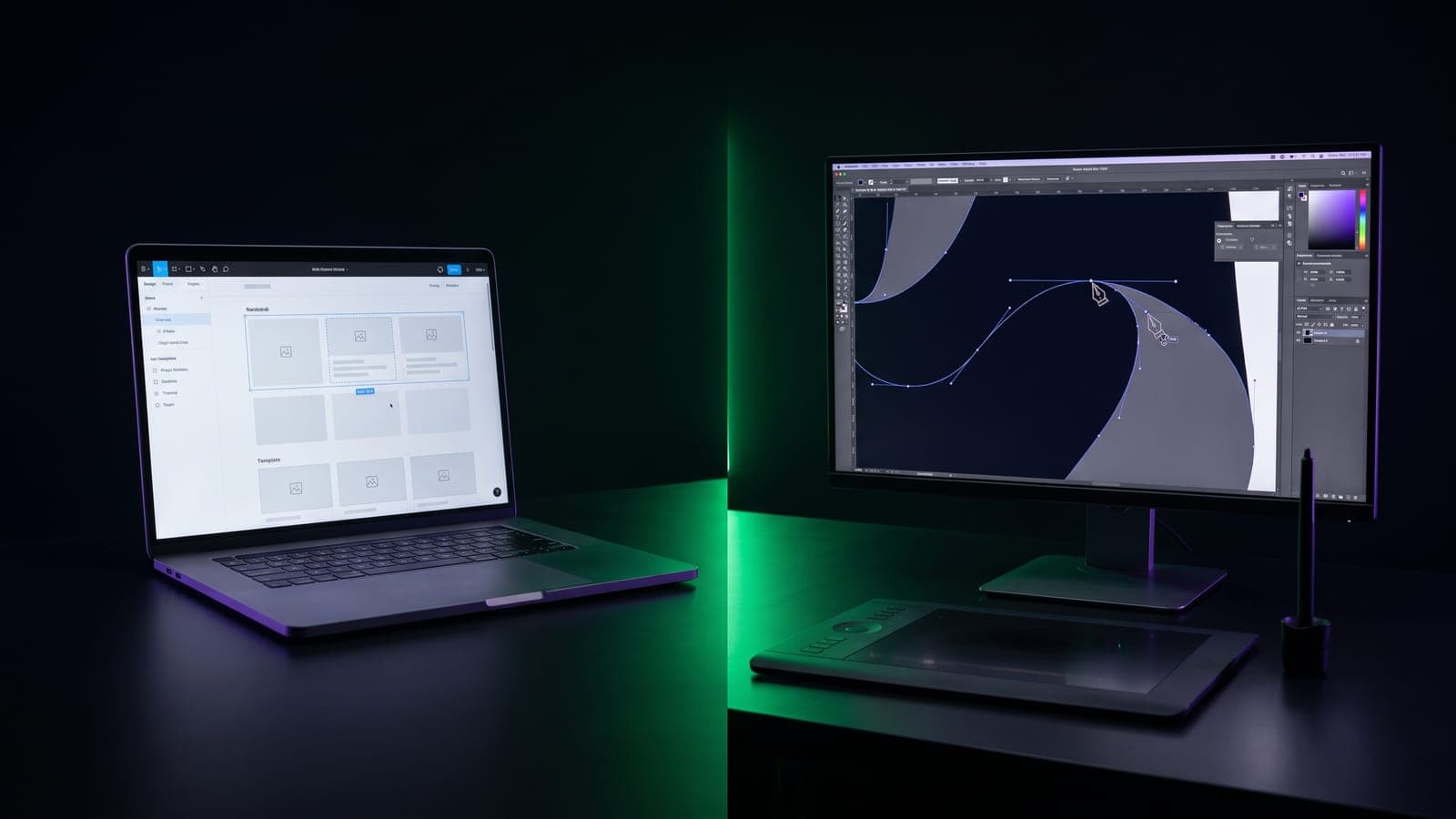 Composición dividida por una franja verde: laptop con un editor de plantillas de arrastrar y soltar frente a un monitor con curvas Bézier y tableta gráfica, el duelo Canva vs Illustrator