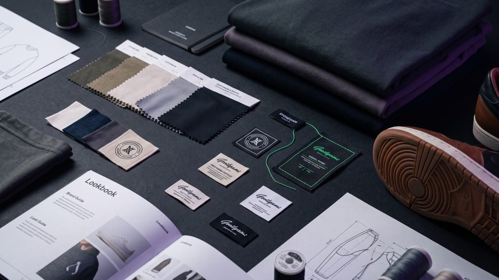Flatlay con muestras de tela en abanico, etiquetas tejidas, prendas dobladas, un tenis y dibujos técnicos de prendas: el universo de ropa, calzado y moda de la clase 25 de Niza
