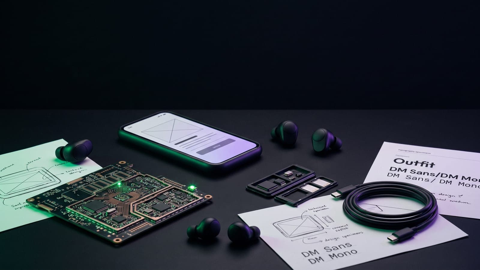 Placa de circuito con LEDs encendidos, smartphone con wireframe en pantalla, audífonos y cable USB-C en un flatlay oscuro: software y electrónica de la clase 9 de Niza
