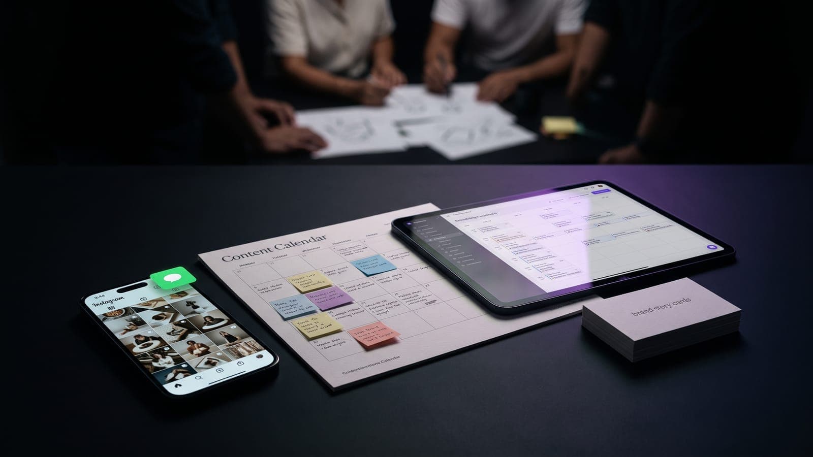 Calendario de contenidos con post-its, smartphone con un grid de Instagram y tablet de calendarización sobre la mesa: el trabajo detrás de cuánto cobra un community manager en México