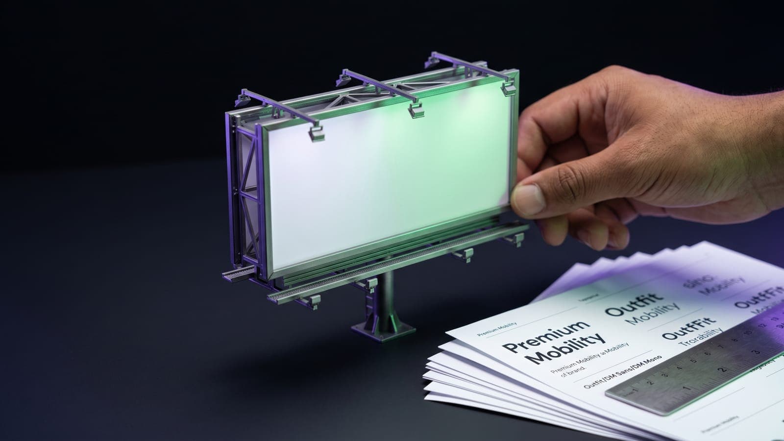 Mano sosteniendo la maqueta a escala de un espectacular con lona en blanco iluminada en verde, junto a especímenes tipográficos y regla metálica: cuánto cuesta un espectacular en México