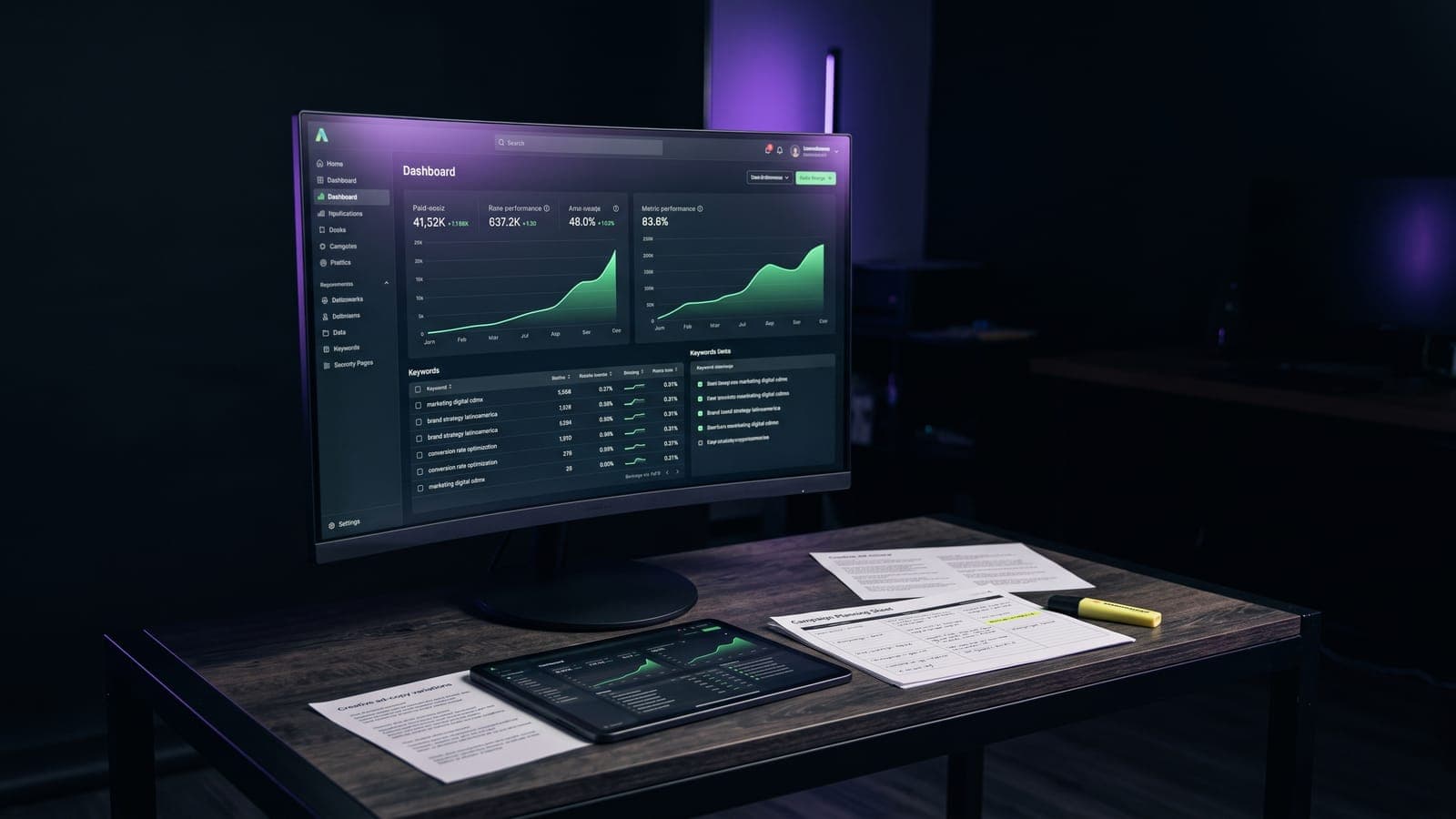 Monitor curvo con un dashboard de campañas y tabla de keywords, junto a hojas de planeación y variaciones de copy sobre el escritorio, al calcular cuánto cuesta Google Ads en México