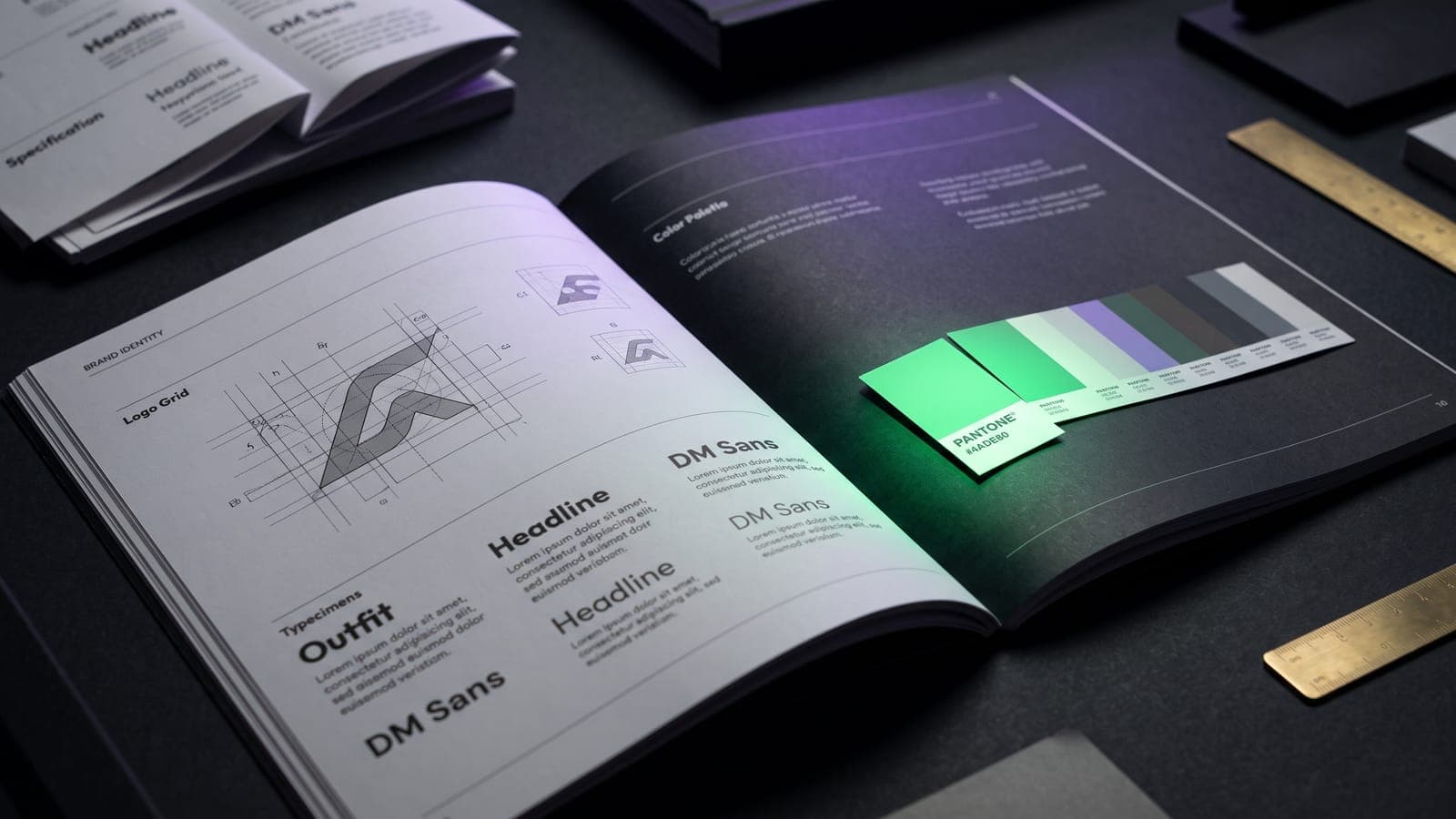 Manual de marca impreso abierto en la retícula de construcción del logo y la paleta de color con muestras Pantone, junto a reglas doradas: cuánto cuesta un manual de marca en México