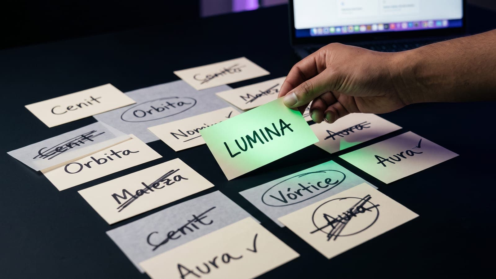 Mano eligiendo la tarjeta LUMINA entre una docena de nombres candidatos escritos a mano, unos tachados y otros circulados: cuánto cuesta el naming de marca en México