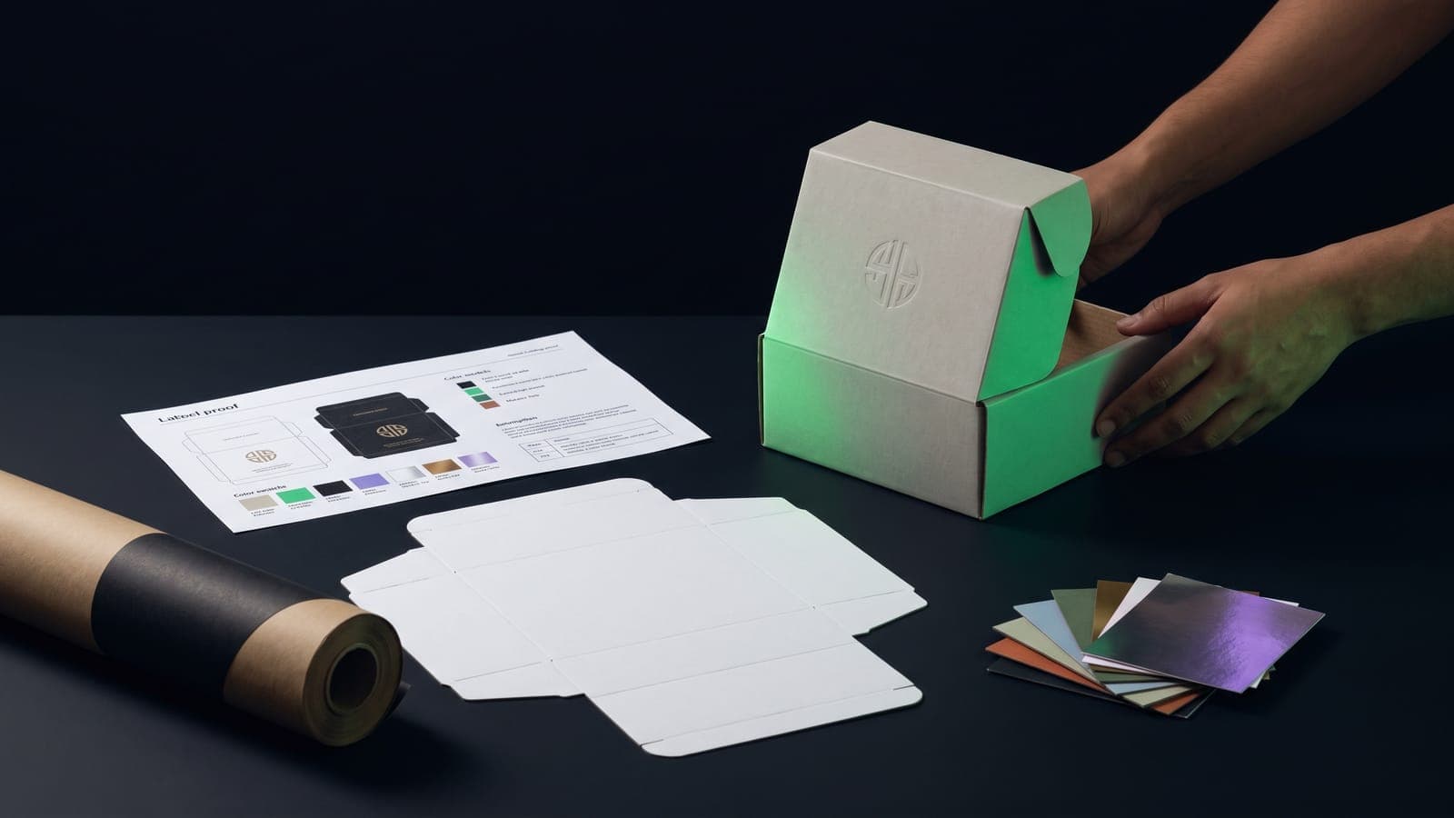 Manos armando una caja con logo grabado en seco e interior verde, junto a un die-line extendido y pruebas de etiqueta: cuánto cuesta el packaging o empaque en México