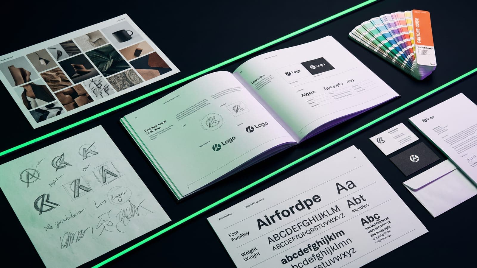 Moodboard, bocetos de logo, brand book, espécimen tipográfico y papelería ordenados en franjas separadas por líneas de neón verde sobre una mesa negra: los entregables del proceso de branding por fases
