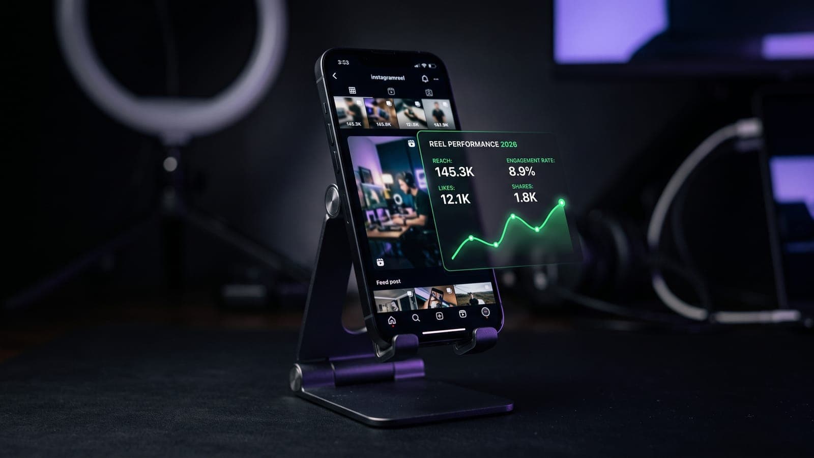 Smartphone en soporte mostrando un perfil de Instagram con métricas de rendimiento de reels 2026 (alcance, engagement, likes y shares), para entender el algoritmo de Instagram
