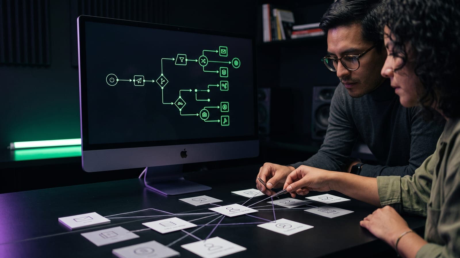 Dos especialistas revisando un flujo de automatización de marketing con nodos en pantalla mientras mapean el recorrido del cliente con tarjetas conectadas sobre la mesa