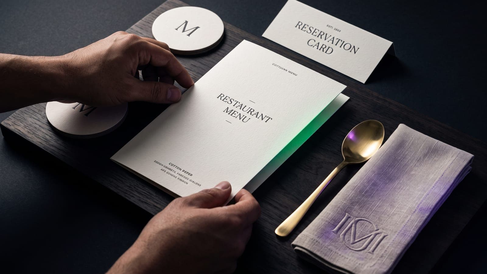 Menú impreso, tarjeta de reservación, posavasos con monograma y servilleta bordada: piezas de branding para restaurantes sobre una mesa oscura