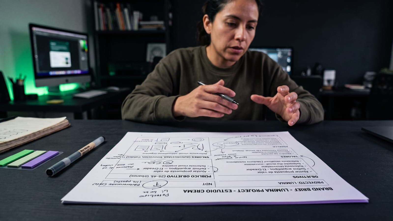 Diseñadora con pluma en mano explica un brief de marca impreso con secciones de objetivos, valores y público objetivo llenas de anotaciones y flechas, junto a banderitas adhesivas verdes y moradas