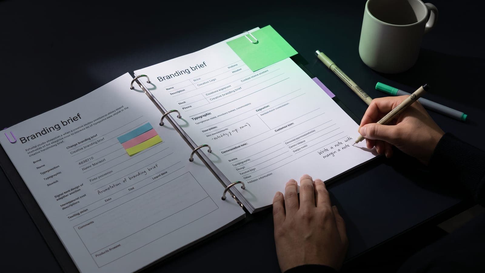 Carpeta con plantilla de briefing de marca llenada a mano, con post-its y notas al margen durante una sesión de levantamiento de proyecto