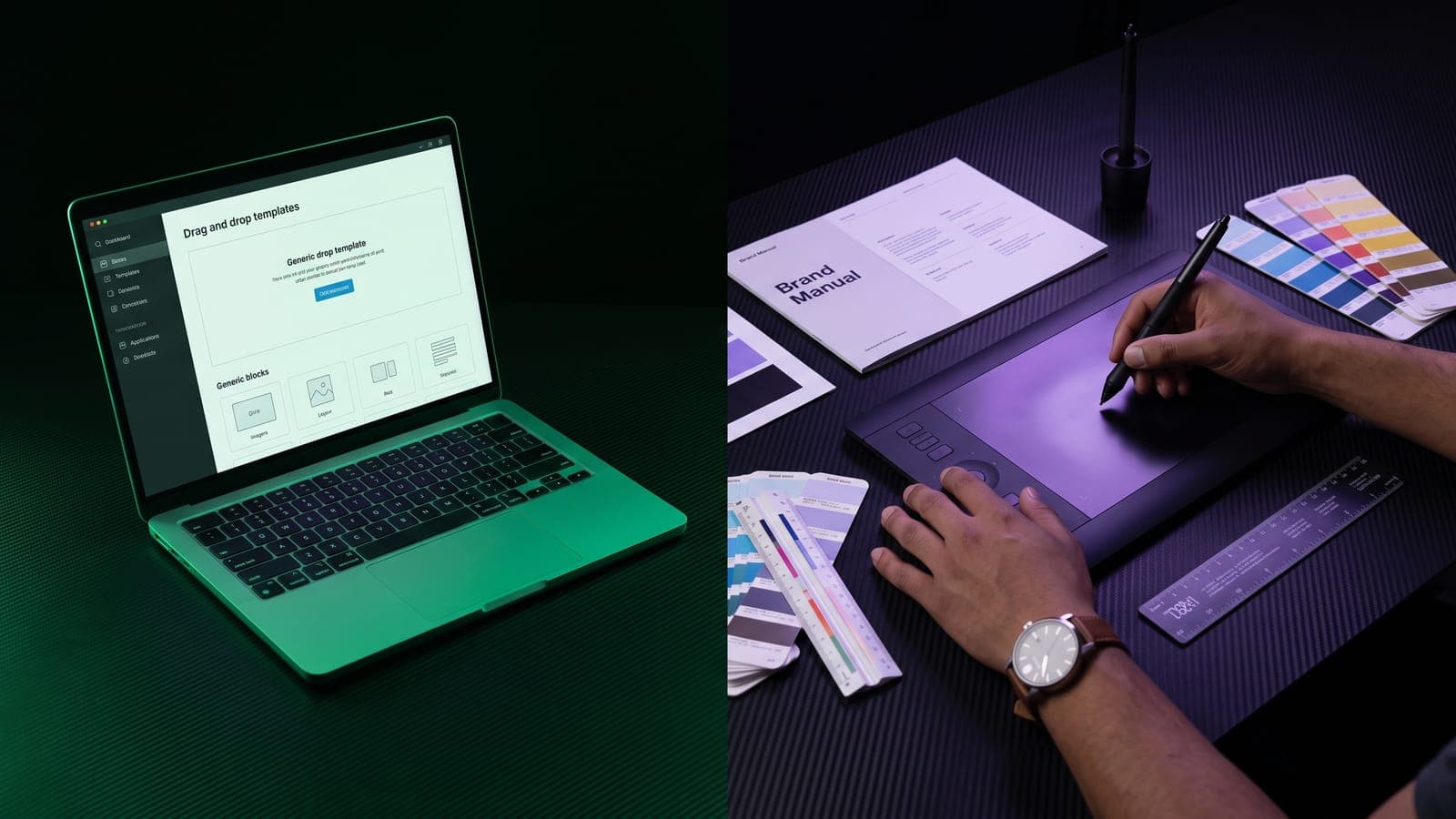 Comparación entre una laptop con plantillas de arrastrar y soltar tipo Canva y un diseñador profesional trabajando con tableta gráfica, manual de marca y guías Pantone