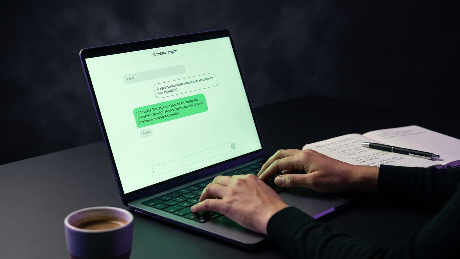 Persona escribiendo en una laptop con un asistente de IA conversacional en pantalla y cuaderno de apuntes al lado, usando ChatGPT para tareas de su negocio