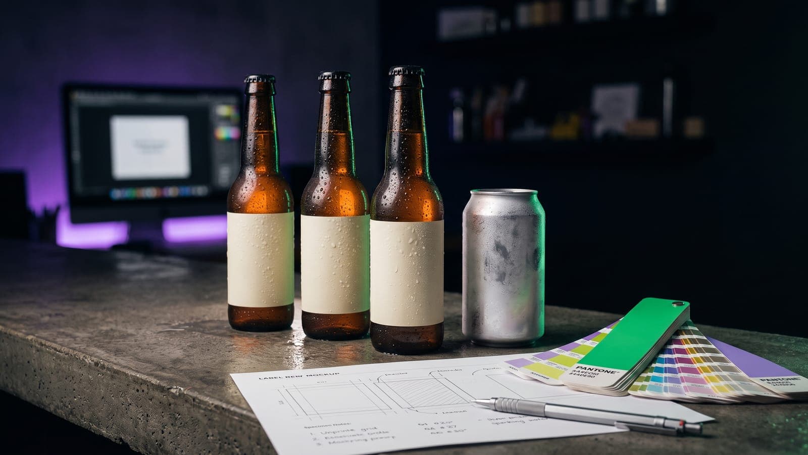 Tres botellas de cerveza ámbar con etiqueta en blanco y una lata sin imprimir junto a un plano técnico de etiqueta y abanicos Pantone: cervezas y bebidas de la clase 32 de Niza