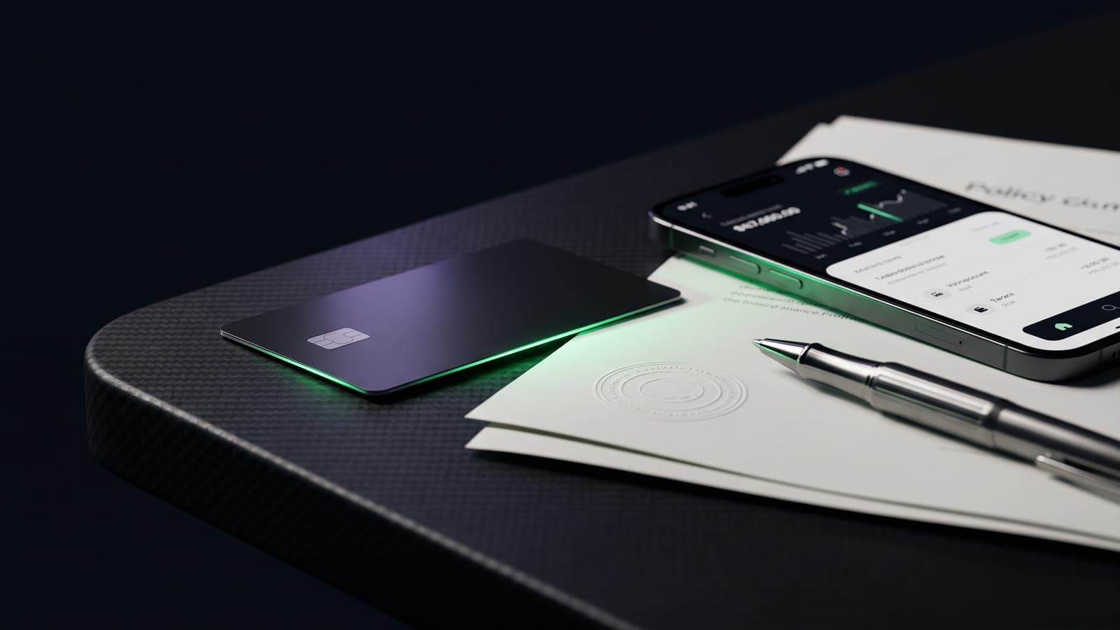 Tarjeta bancaria negra con halo verde, smartphone con app financiera y documentos de póliza con sello en relieve junto a una pluma metálica: servicios financieros y seguros de la clase 36 de Niza