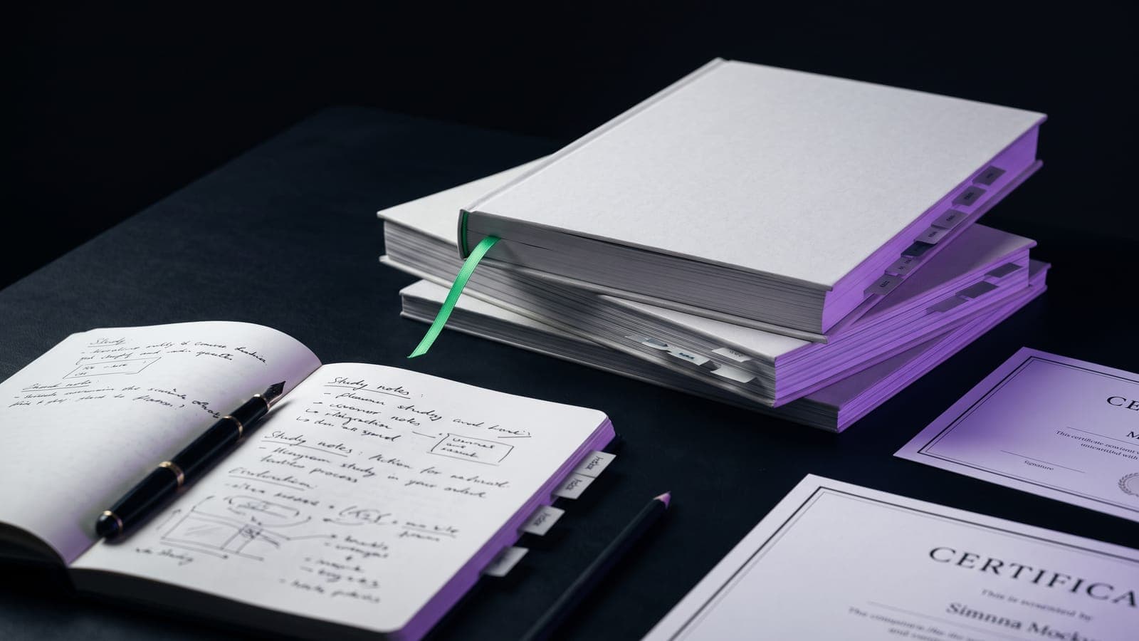 Pila de libros blancos con listón verde, cuaderno abierto con notas de estudio y dos certificados impresos junto a una pluma fuente: educación y cursos de la clase 41 de Niza bajo luz violeta