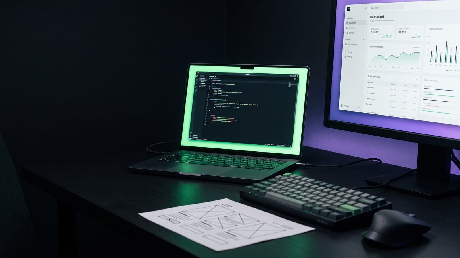 Escritorio de desarrollador con laptop mostrando código, monitor con dashboard analítico y hoja de wireframes: la escena tech de la clase 42 de Niza para software y tecnología