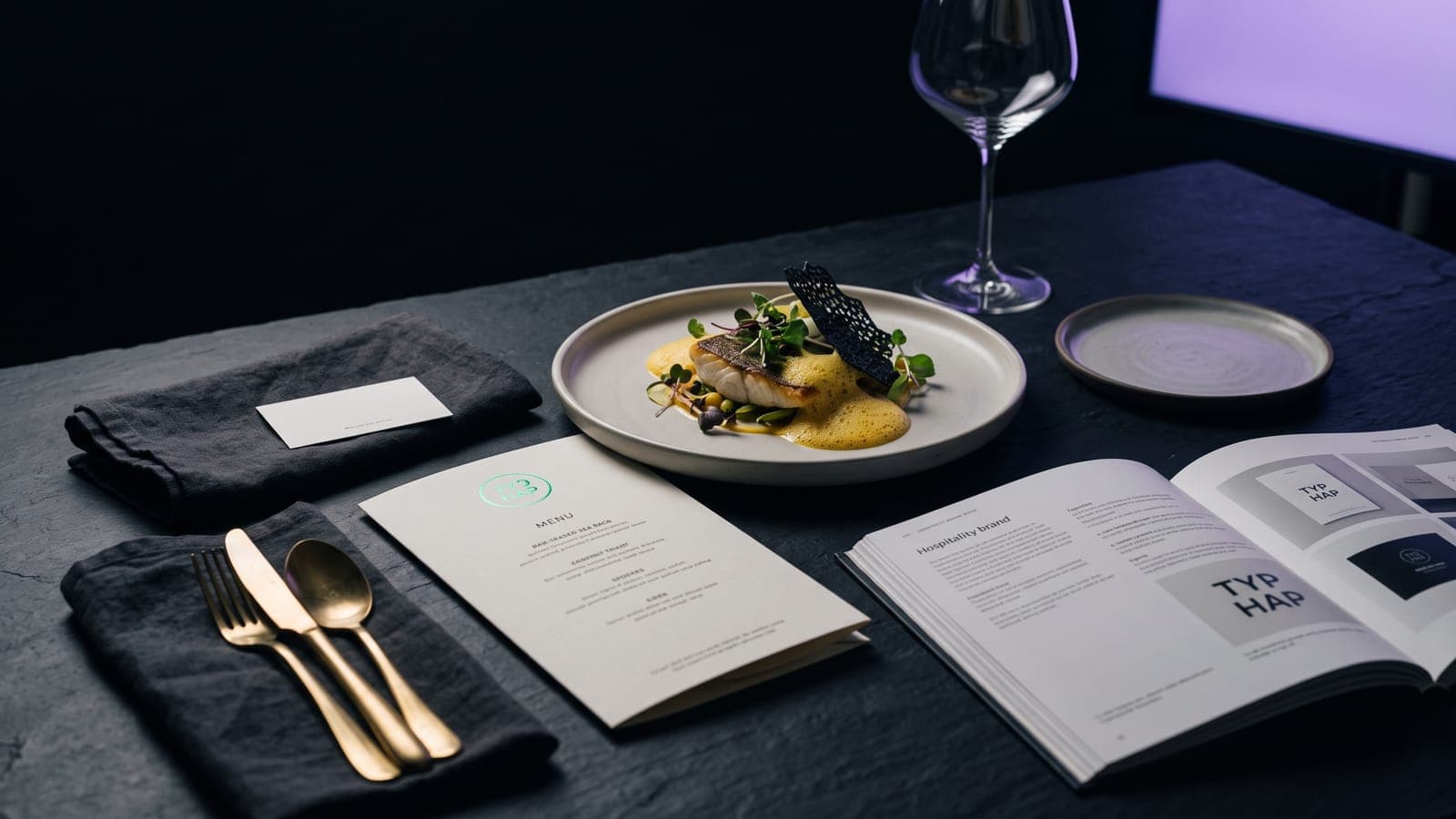 Platillo gourmet, copa de vino, menú con sello en foil verde y brand book abierto sobre mesa de pizarra: branding gastronómico para la clase 43 de Niza, restaurantes y hospedaje