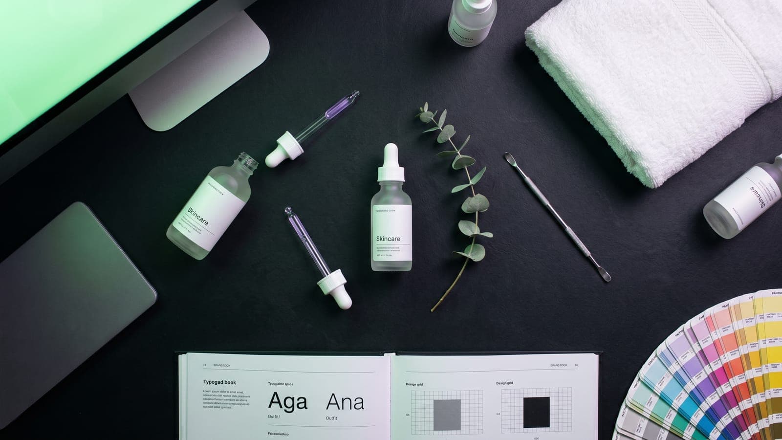 Frascos gotero de skincare, rama de eucalipto, instrumento de spa y brand book abierto en un flatlay sobre superficie negra: identidad para la clase 44 de Niza, salud, belleza y veterinaria