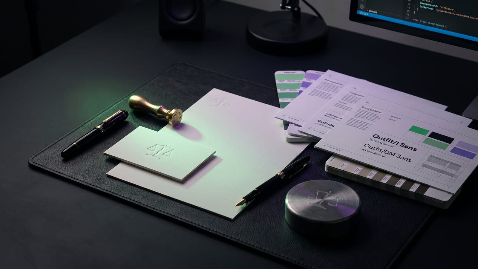 Papelería con balanza de la justicia en relieve, sello dorado de mano y hojas de brand guidelines sobre carpeta de piel negra: identidad para la clase 45 de Niza, servicios jurídicos