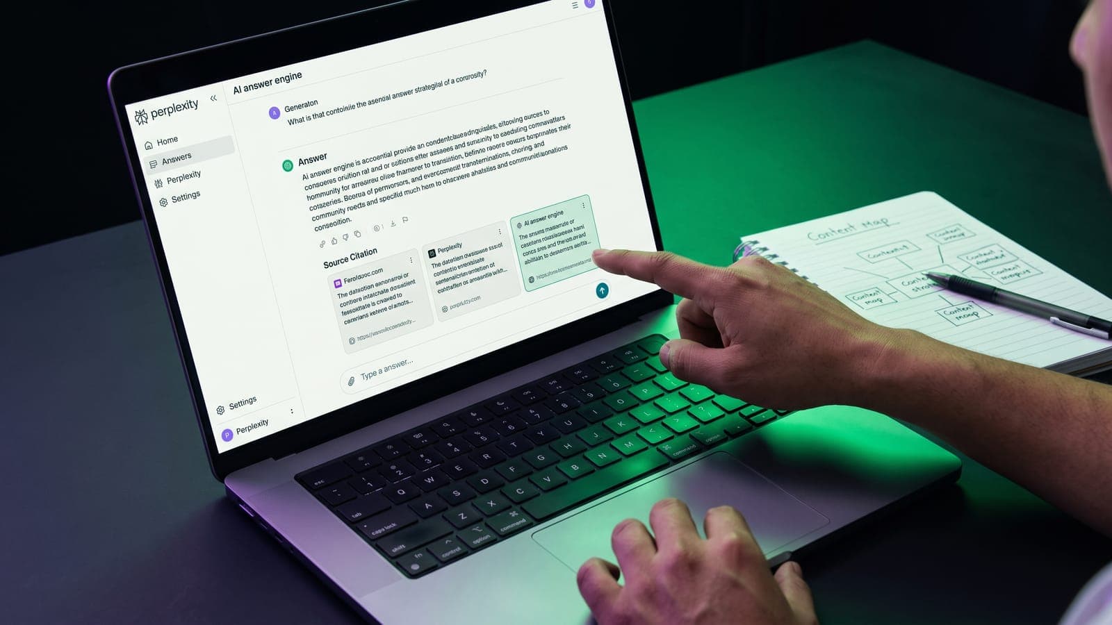 Laptop con la interfaz de Perplexity mostrando una respuesta con citas de fuentes junto a un mapa de contenidos hecho a mano: cómo aparecer en ChatGPT y Perplexity