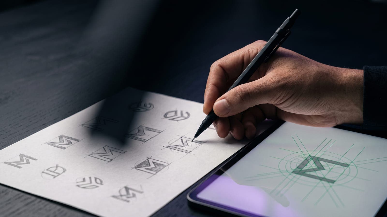 Mano de diseñador bocetando variantes de un monograma a lápiz junto a una tablet con la versión vectorial del logo en construcción