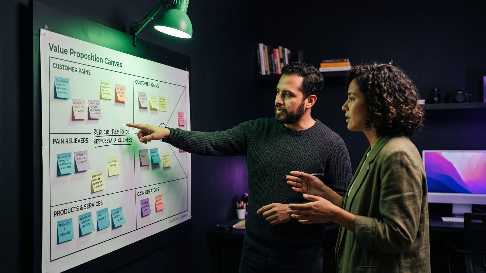 Dos estrategas trabajando sobre un Value Proposition Canvas mural con post-its de dolores y ganancias del cliente, al definir la propuesta de valor