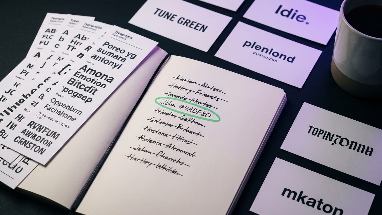 Cuaderno con lista de nombres tachados y el finalista encerrado en verde, junto a tarjetas con propuestas tipográficas para elegir el nombre de un negocio