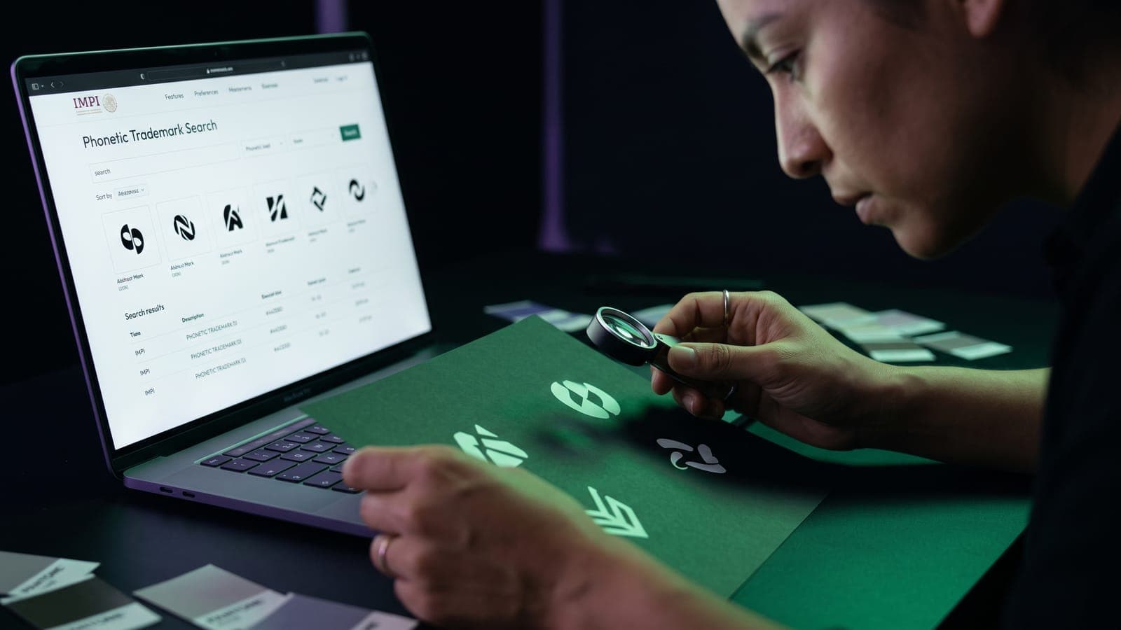 Lupa cuentahilos sobre símbolos de logotipo impresos frente al buscador fonético del IMPI en pantalla: cómo saber si una marca ya está registrada en México