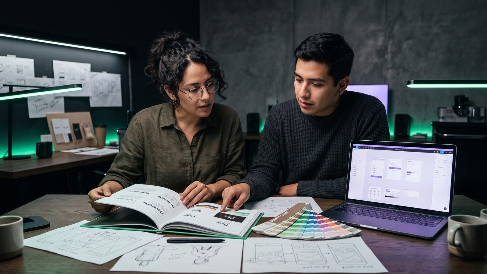 Dos creativos revisan un brand book junto a wireframes, abanico Pantone y una laptop con software de diseño: la mesa de trabajo de una consultoría de marketing digital