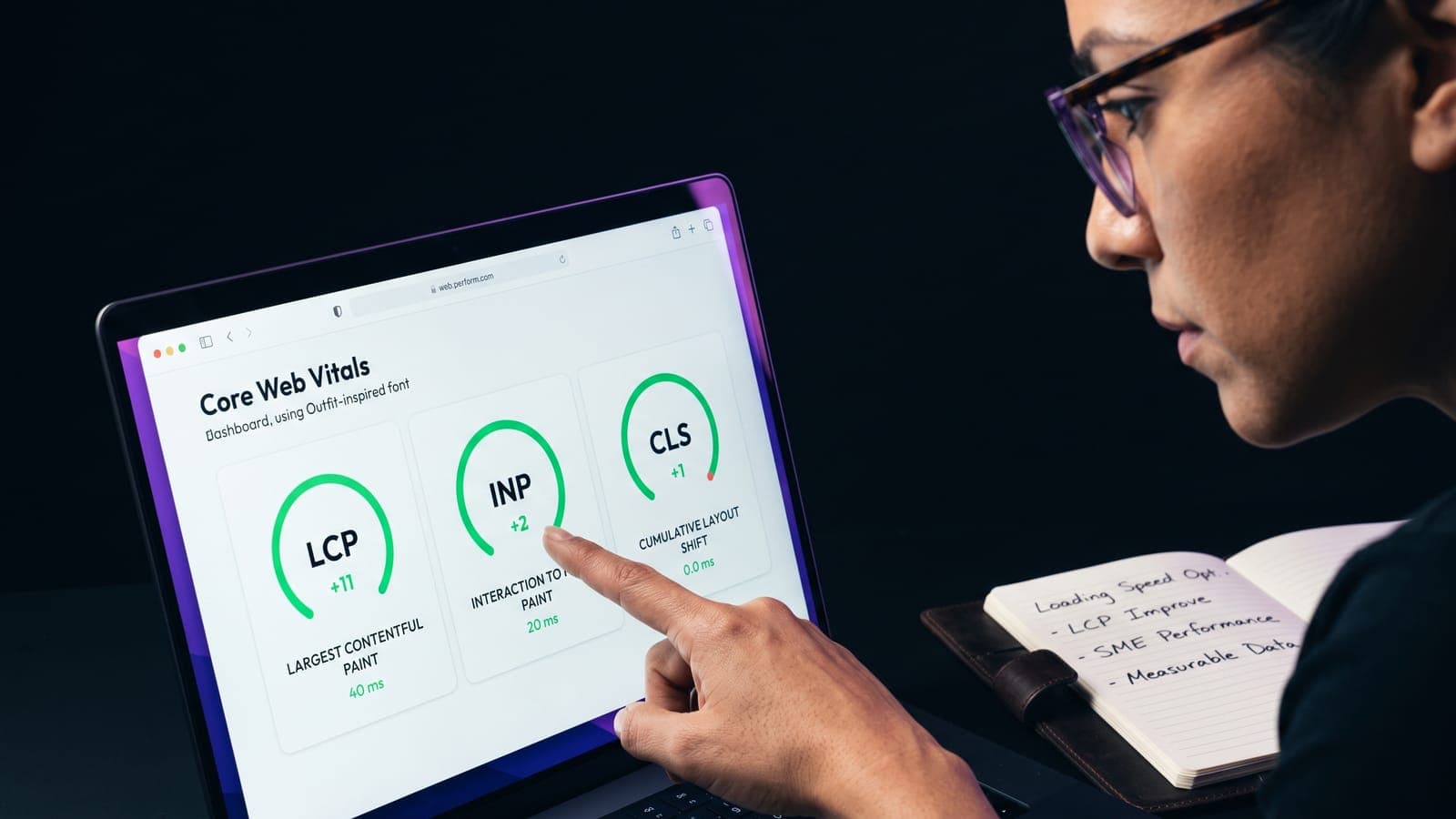Persona señalando un dashboard de Core Web Vitals con medidores LCP, INP y CLS en verde en la pantalla de una laptop