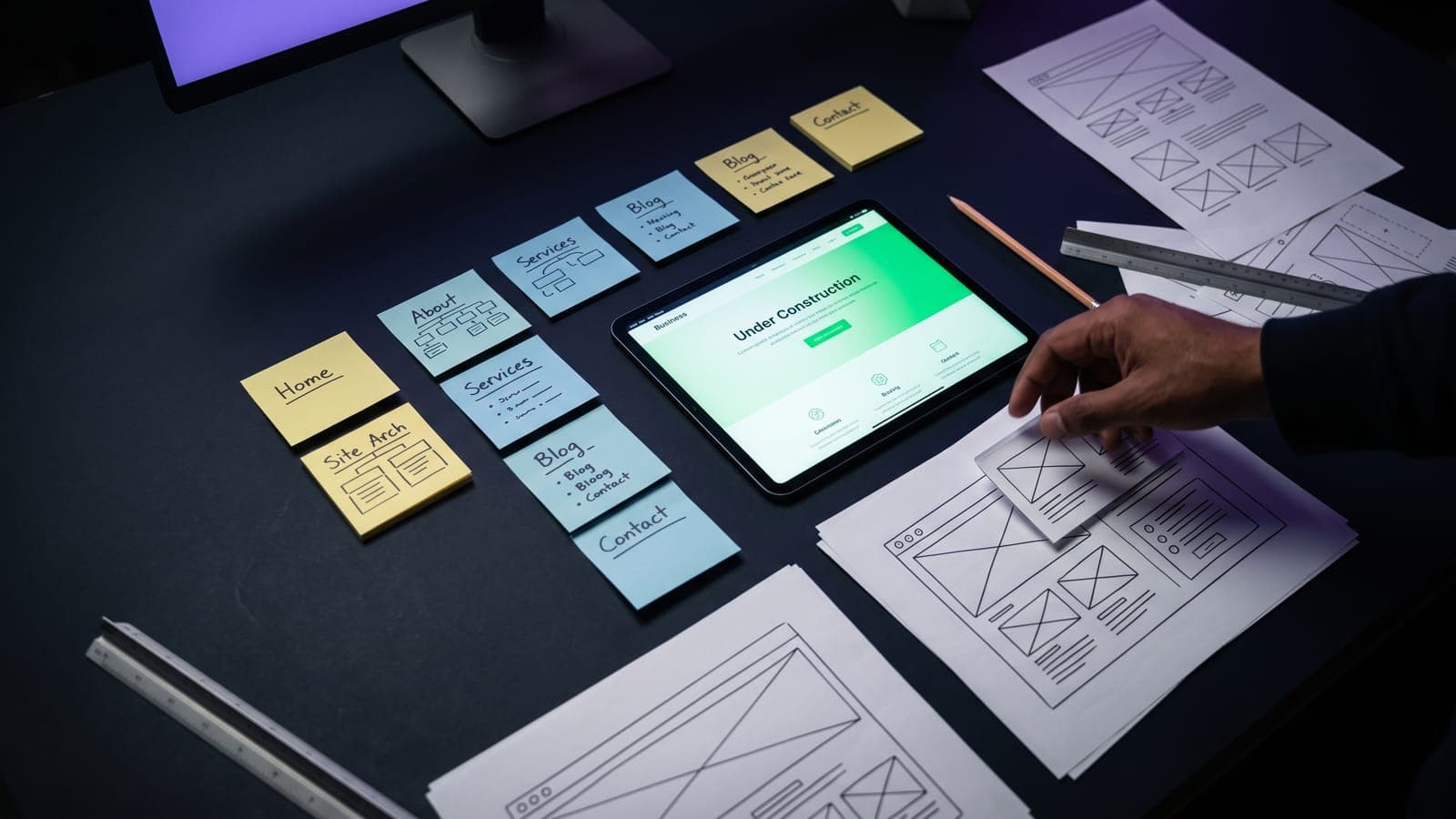 Mesa de planeación con post-its de arquitectura del sitio, wireframes impresos y una tablet mostrando la página web de un negocio en construcción