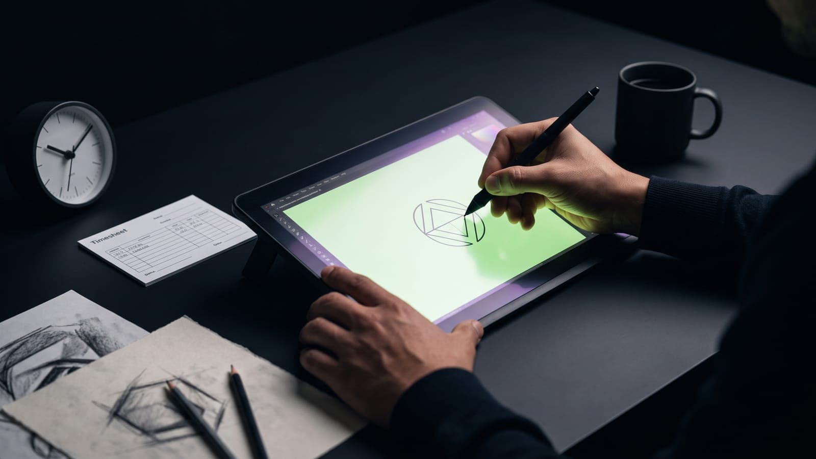 Manos trazando un logotipo con stylus sobre una pantalla-tableta, junto a un timesheet impreso y un reloj de mesa: la hora de trabajo detrás de cuánto cobra un diseñador gráfico en México
