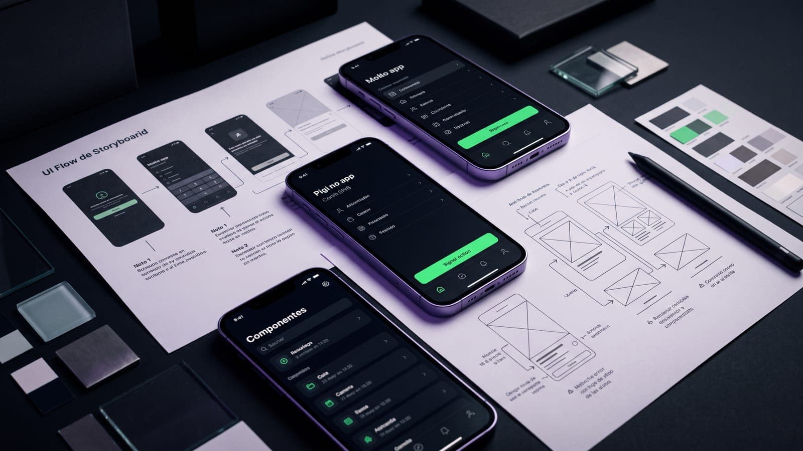 Tres smartphones lila con pantallas de una app en modo oscuro junto a un UI flow impreso y wireframes a línea: los entregables detrás de cuánto cuesta una app móvil en México