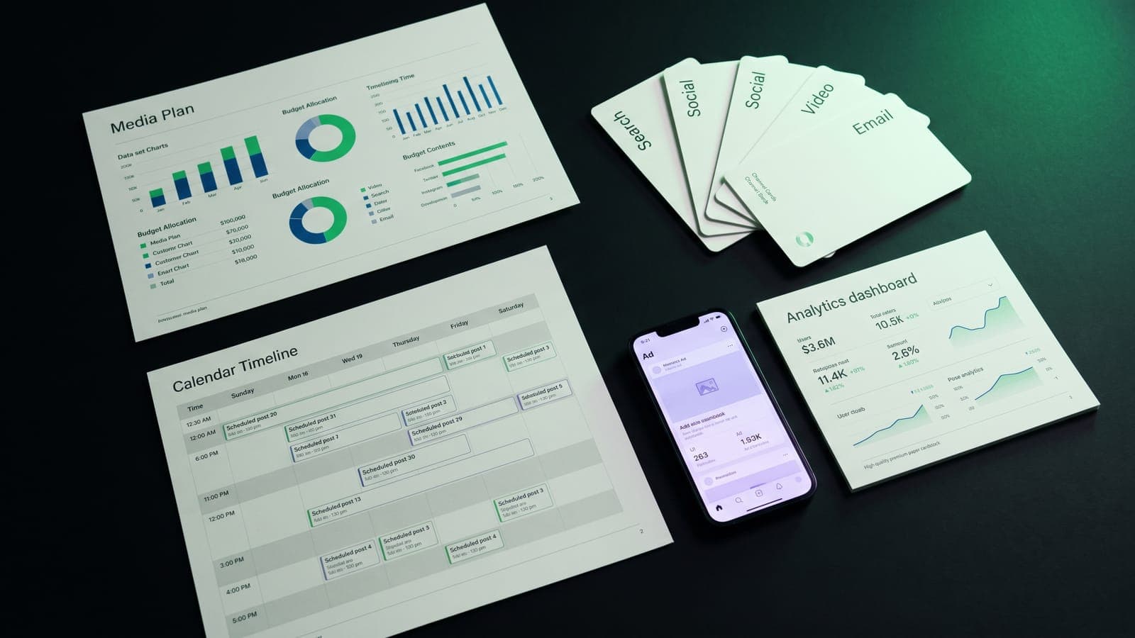 Media plan impreso con gráficas de presupuesto, calendario de posts y cartas de Search, Social, Video y Email sobre mesa oscura, al calcular cuánto cuesta una campaña de marketing digital