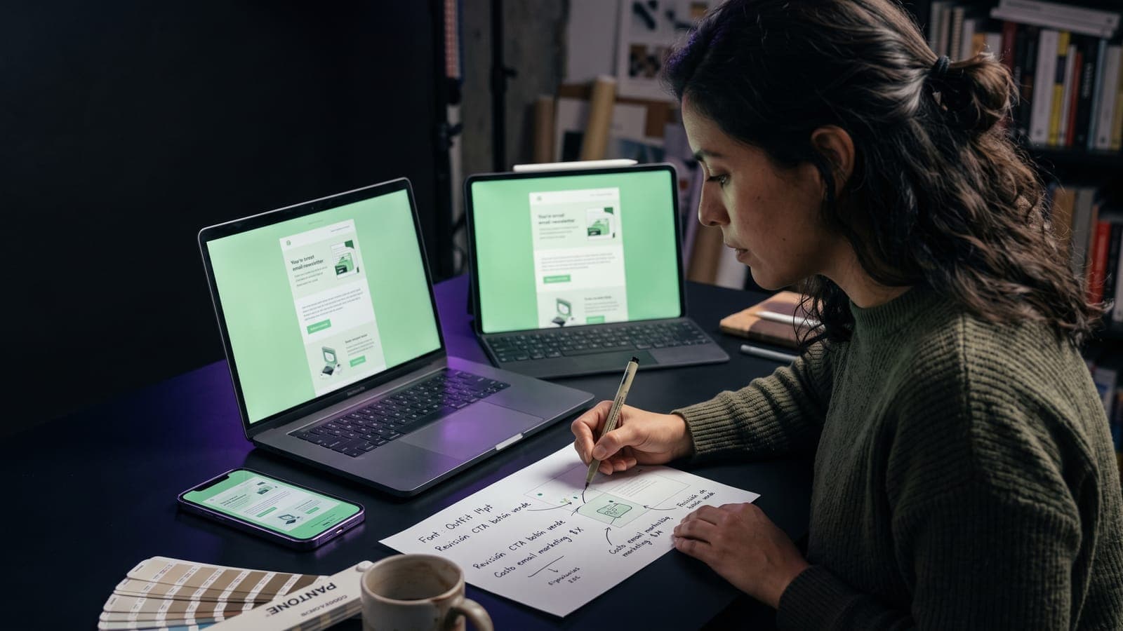 Diseñadora anota costos junto a laptop, tablet y smartphone que muestran la misma newsletter en verde y blanco, al calcular cuánto cuesta el email marketing en México