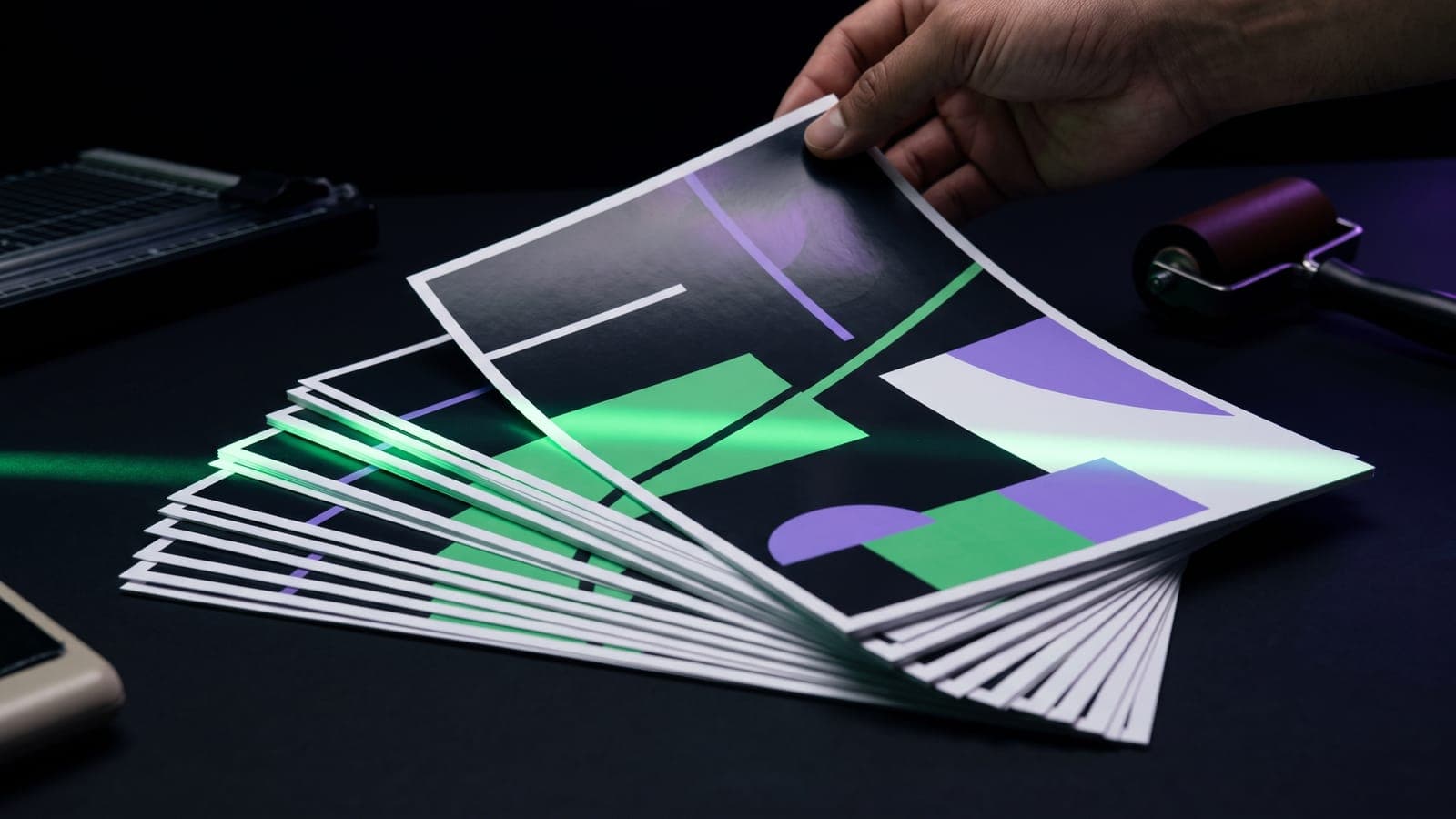 Mano abriendo en abanico volantes recién impresos con diseño geométrico, junto a una guillotina y un rodillo de imprenta: cuánto cuesta un flyer o volante en México