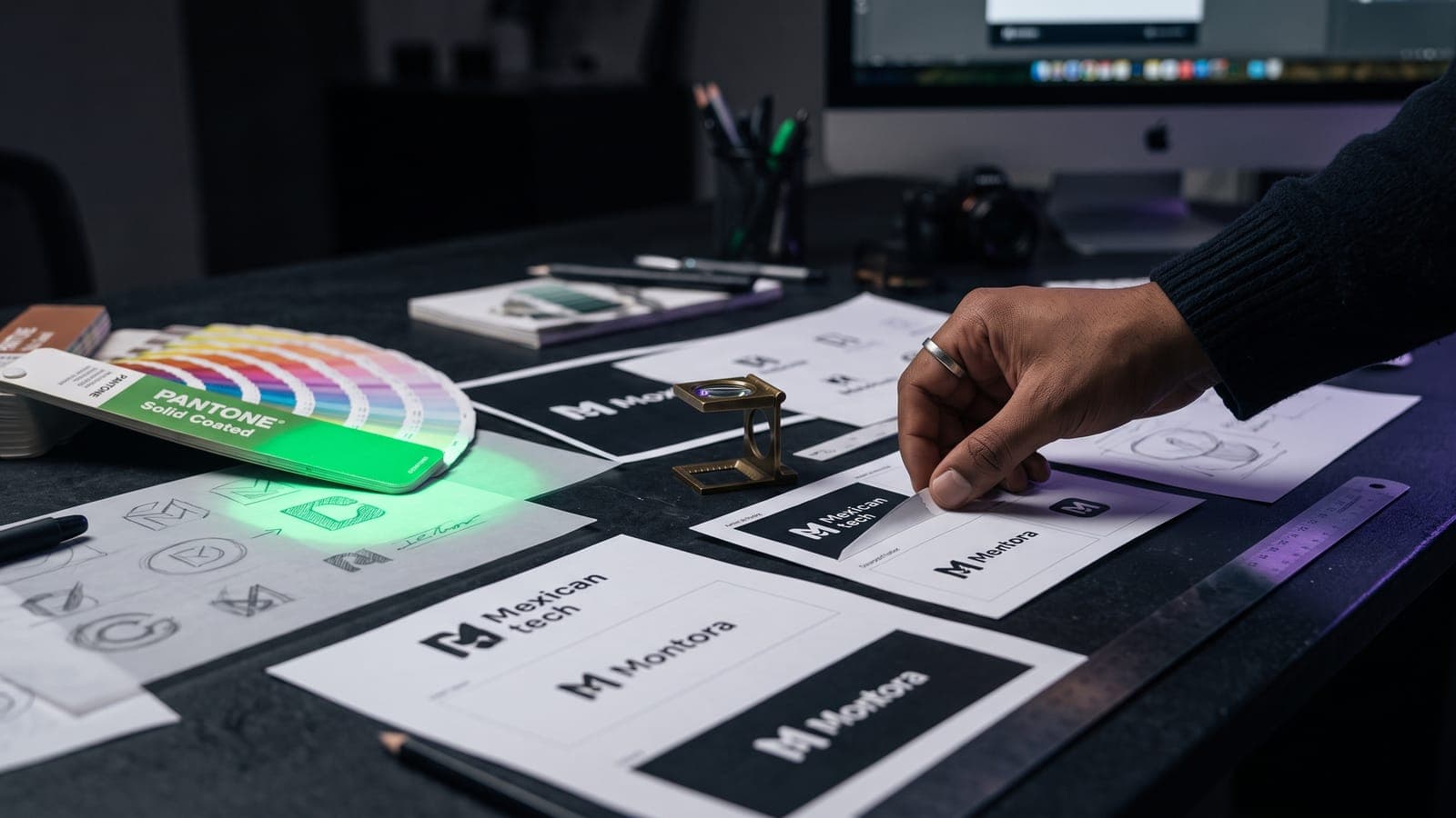 Mesa de diseñador con variantes de logotipo impresas en negro, bocetos a mano, guía Pantone y lupa: el proceso detrás del costo de un logo en México