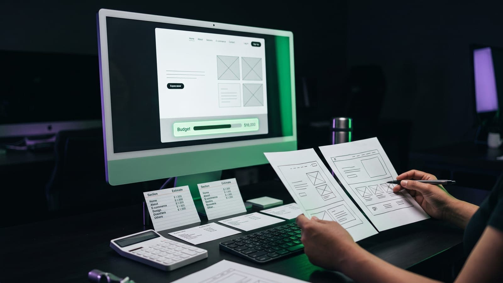 Computadora mostrando el wireframe de una página web con barra de presupuesto junto a calculadora y tarjetas de estimación por sección: cuánto cuesta una página web en México