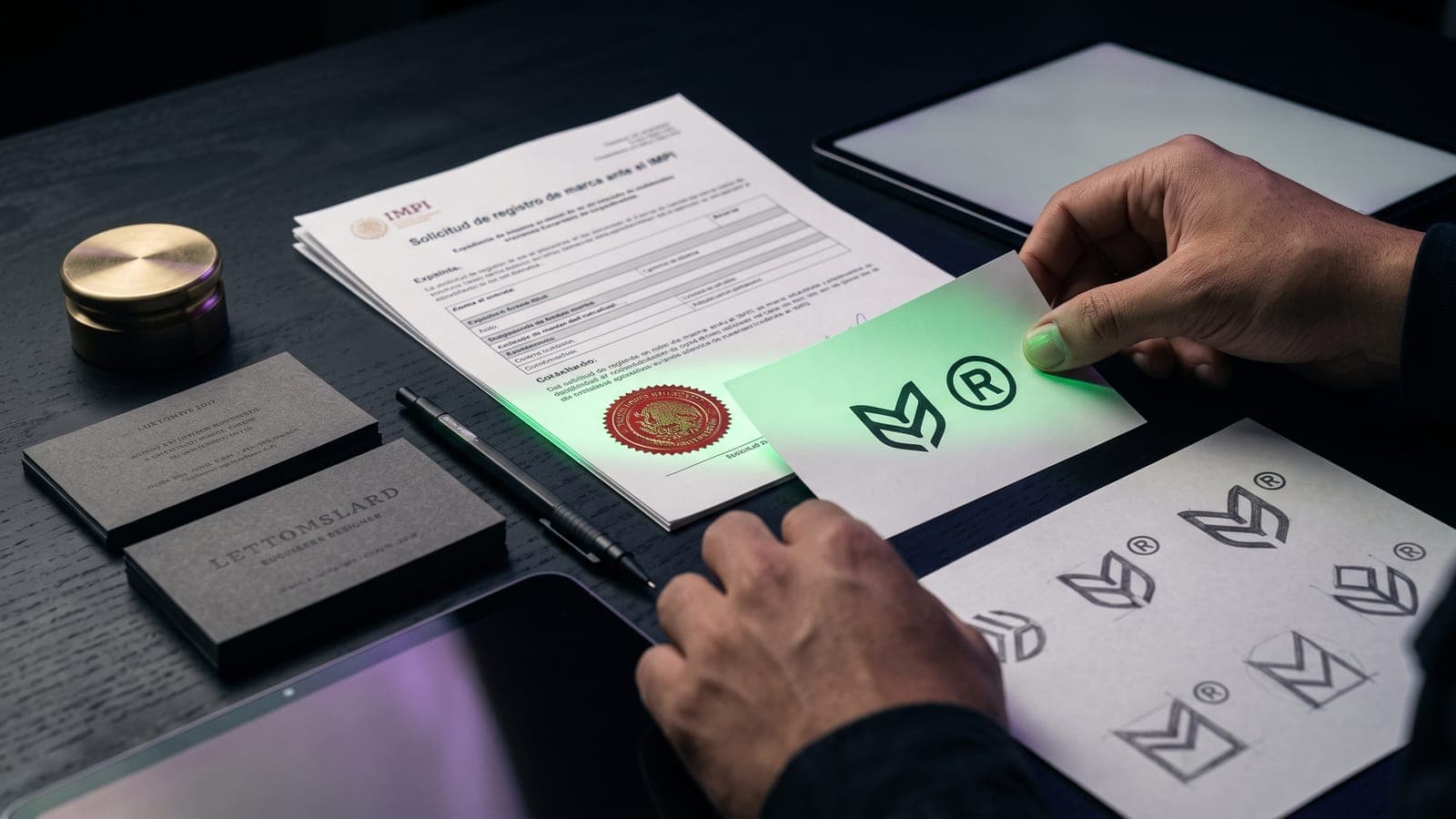 Solicitud de registro de marca ante el IMPI con sello rojo junto a una tarjeta con logotipo y símbolo de marca registrada, bocetos y papelería del trámite