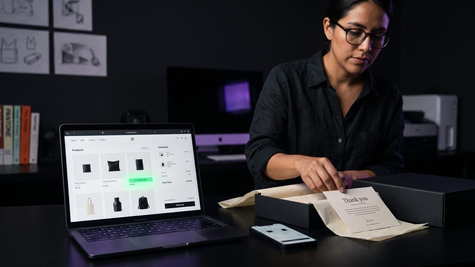 Mujer empacando un pedido en caja negra junto a una laptop y un smartphone que muestran una tienda con carrito y checkout, al calcular cuánto cuesta una tienda en línea en México