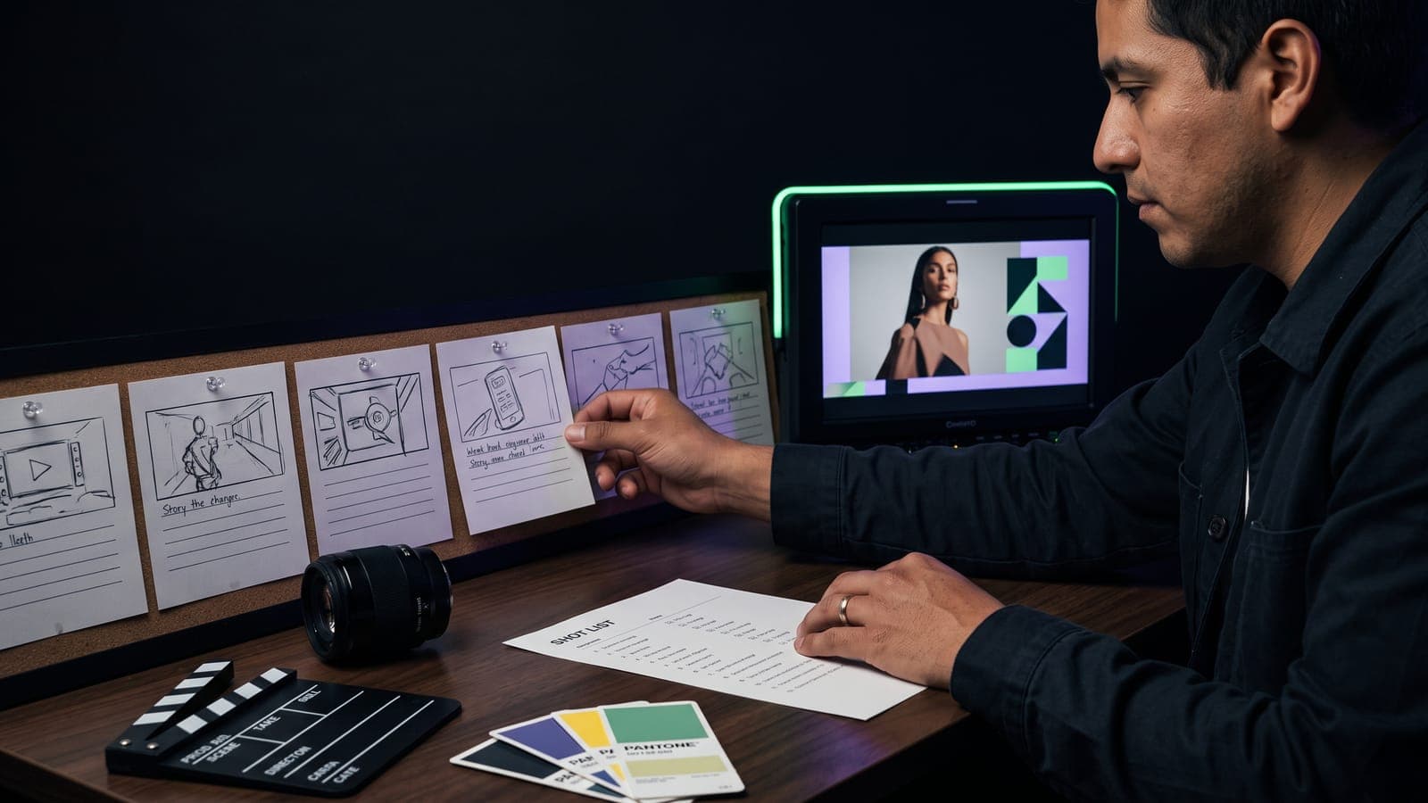 Productor revisando un storyboard fijado en corcho frente a un monitor con un anuncio en edición, entre claqueta, lente y shot list, al estimar cuánto cuesta un video promocional en México