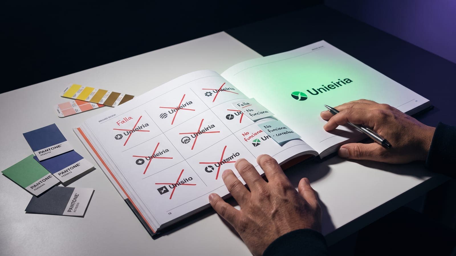 Brand book con propuestas de logo tachadas en rojo y notas de falla frente a la versión final aprobada: los tropiezos de un rebranding mal ejecutado