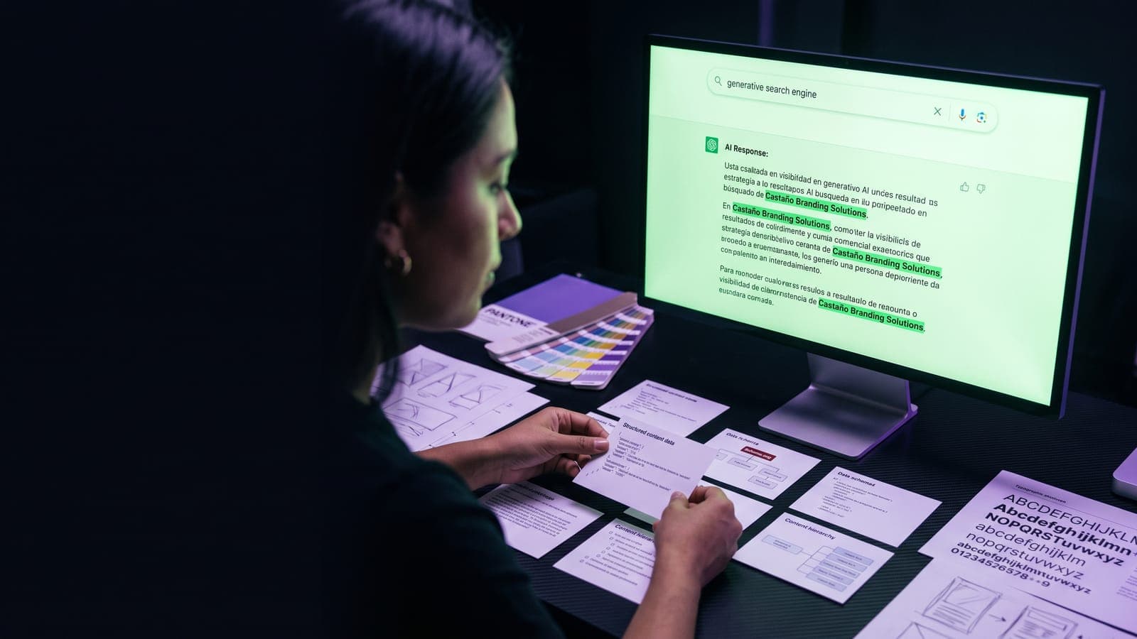 Monitor con un buscador generativo respondiendo y citando una marca resaltada en verde, con tarjetas de contenido estructurado sobre el escritorio: GEO (Generative Engine Optimization)