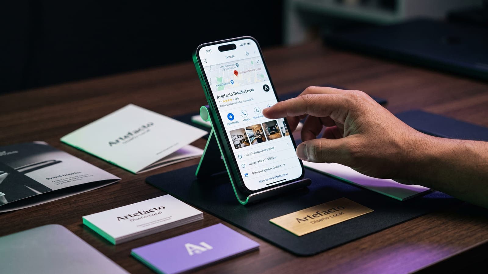 Smartphone mostrando la ficha de Google de un negocio local con reseñas de 4.9 estrellas junto a su papelería impresa y placa dorada