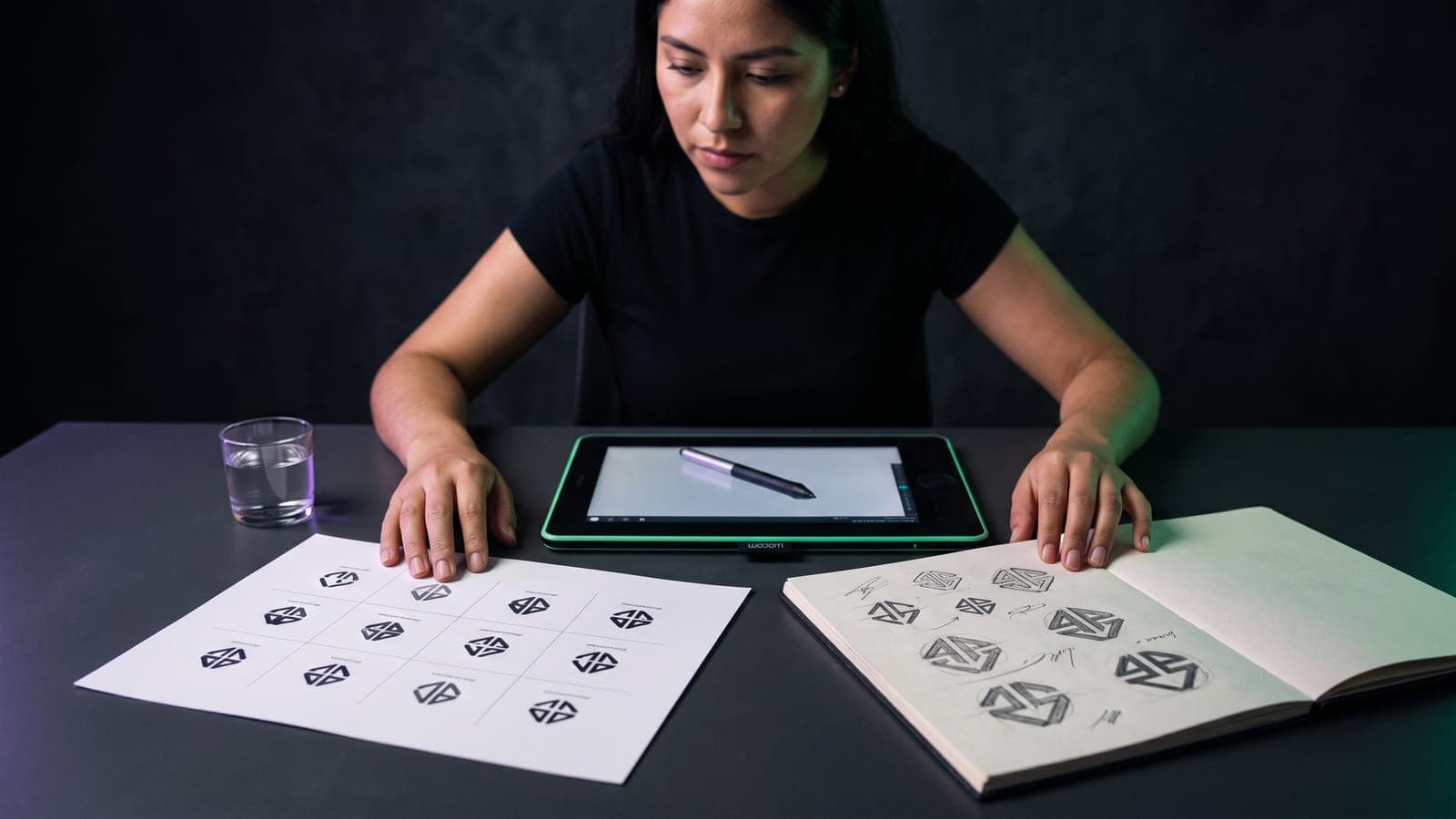 Diseñadora comparando una hoja con variantes de logo generadas digitalmente contra sus bocetos a lápiz, con la tableta gráfica al centro: ¿vale la pena la IA para diseñar logos?