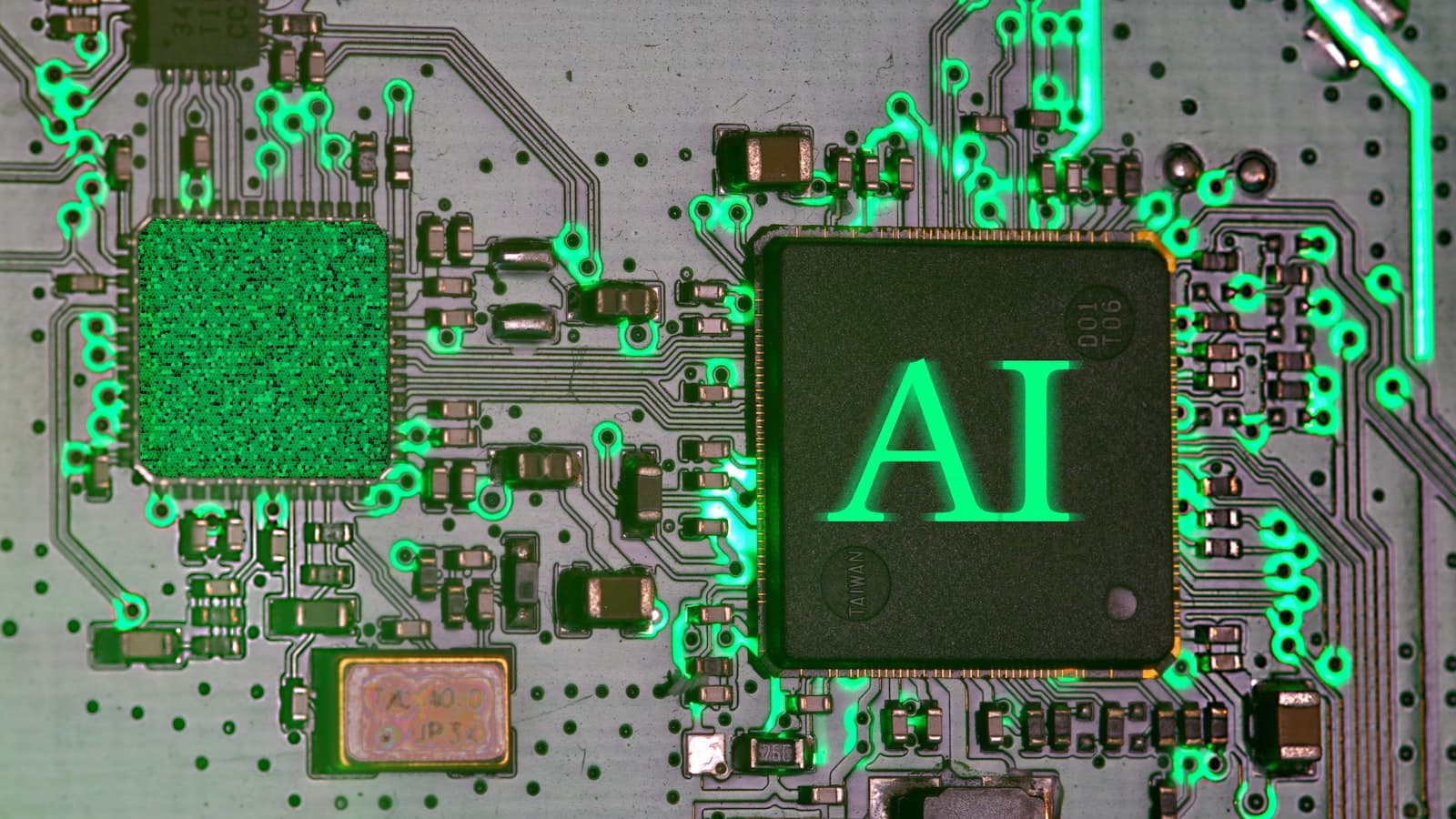 Chip de inteligencia artificial iluminado sobre una placa de circuitos que representa la tecnología detrás del marketing